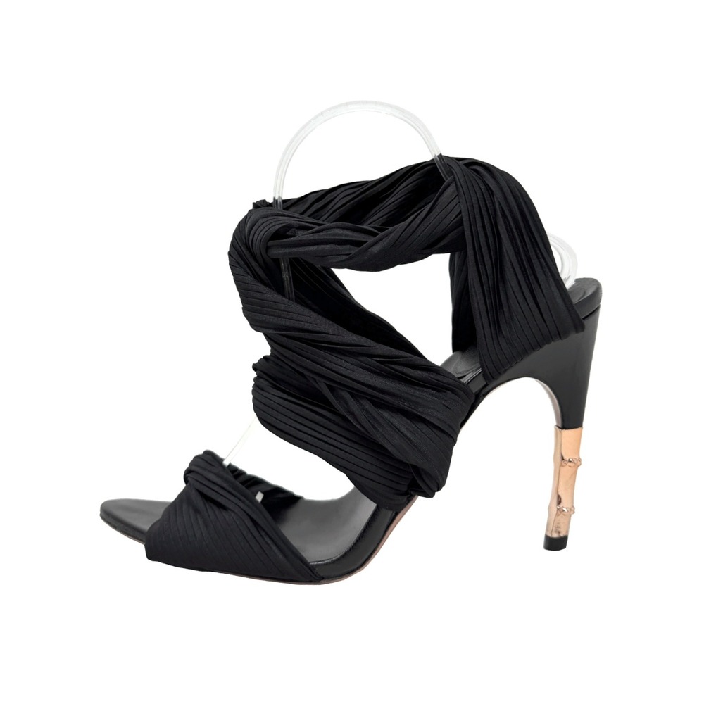Gucci Tom Ford SS 2003 Black Pleated Bamboo Heel Sandals Stiletto 7B Italy